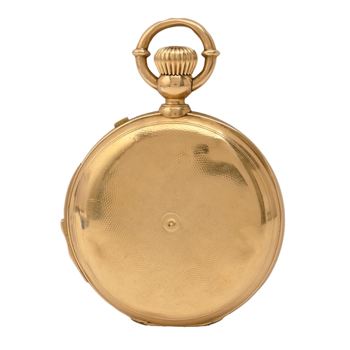 93 - A Swiss 18ct gold hunting cased quarter-repeating keyless lever watch, late 19th c, with enamel dial... 