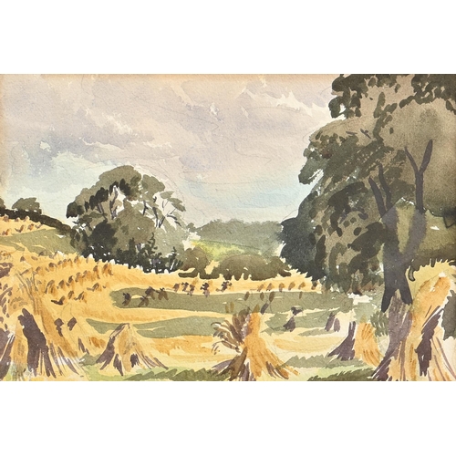 935 - Modern British School, mid-20th c - Haystacks in Summer, indistinctly signed, dated 53, watercolour ... 