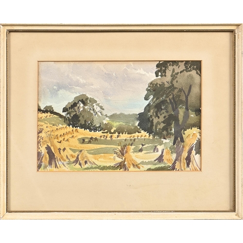 935 - Modern British School, mid-20th c - Haystacks in Summer, indistinctly signed, dated 53, watercolour ... 