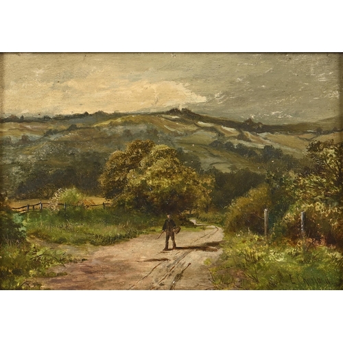 950 - Enoch Crosland (1860-1938) - Sheep in a Landscape; Man on a Country Lane, a pair, both signed, oil o... 