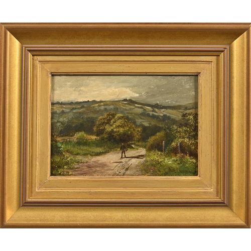 950 - Enoch Crosland (1860-1938) - Sheep in a Landscape; Man on a Country Lane, a pair, both signed, oil o... 