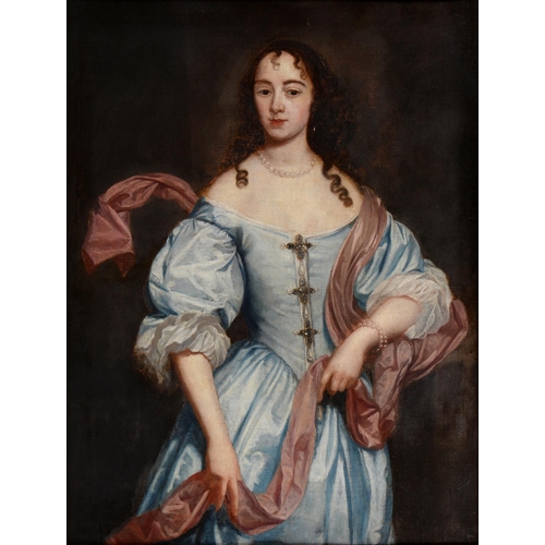 959 - Follower of Mary Beale - Portrait of a Lady,three-quarter length in a blue silk gown and pearls, her... 