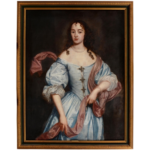 959 - Follower of Mary Beale - Portrait of a Lady,three-quarter length in a blue silk gown and pearls, her... 