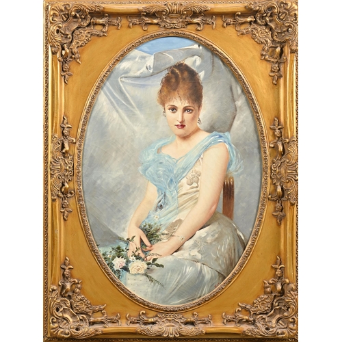 967 - 20th c School - Elegante en Bleu, indistinctly signed, oil on canvas, oval, 89 x 56cm... 