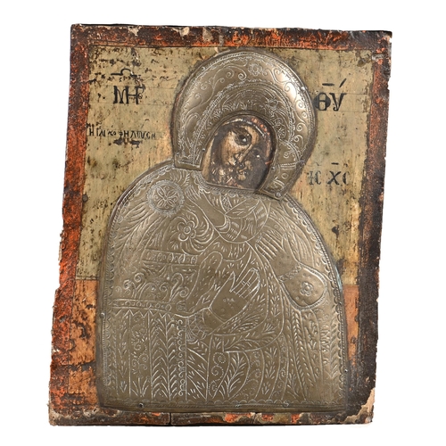 980 - Russian Icon. The Virgin Eleousa, second half 19th c, silver colour engraved riza, oil on board, 28.... 