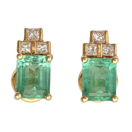 67 - A pair of emerald and diamond earrings, in gold, 6 x 13mm, marked 18K, 5.2g