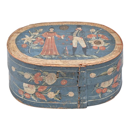 792 - Scandinavian folk art. A blue ground polychrome bentwood bridal box, 19th c, 21cm h, 48cm l... 