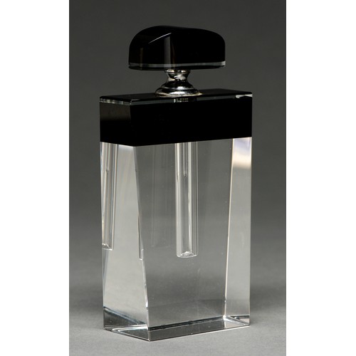 489 - An Art Deco clear and black glass scent bottle and threaded stopper, with chromium plated metal moun... 