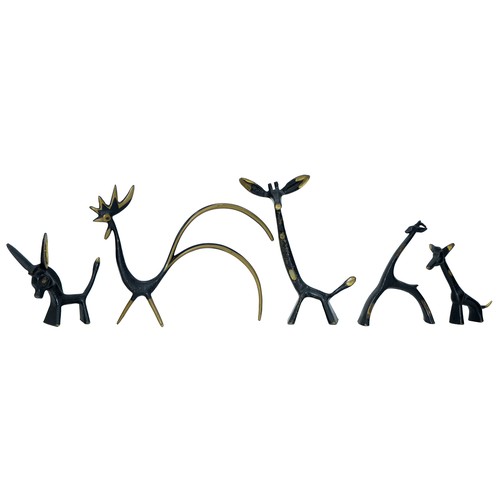 489A - Five Austrian black painted brass animals, designed by Walter Bosse for Herta Baller, 1950s, giraffe... 