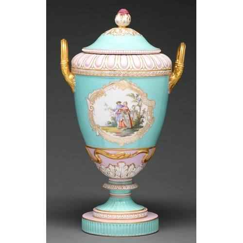 547 - A Berlin vase and cover, late 19th/early 20th c, of Weimar shape, painted with 18th c lovers in a gi... 