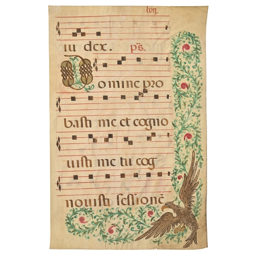 878 - A post-Medieval illuminated manuscript antiphonal leaf, Europe, 16th or 17th c, black ink on ve... 