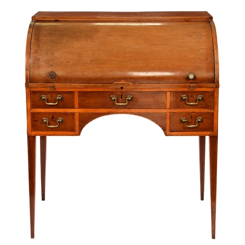 1200 - A George IV mahogany cylinder bureau, cross-banded and line inlaid, having fitted interior, on squar... 