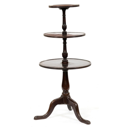 1211 - A George III mahogany dumb waiter, with baluster and vase-turned shaft, on tripod, 129cm h, 59cm dia... 