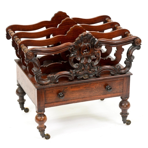 1214 - A Victorian rosewood Canterbury, with four pierced divisions, that to the front carved with rocaille... 