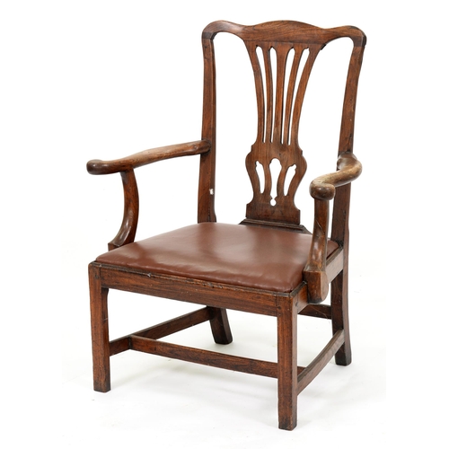 1205 - A George III oak elbow chair, with pierced splat, seat height 39cm, 77cm w, an oak joint stool, 20th... 