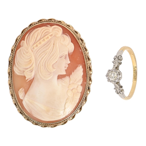 1 - A cameo brooch, the oval shell carved with the head of a young woman, 9ct gold mount, 50mm, Birmingh... 