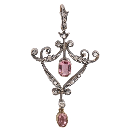 10 - A belle epoque diamond and pink paste pendant, mounted in silver and gold, 48mm h, 3.5g... 