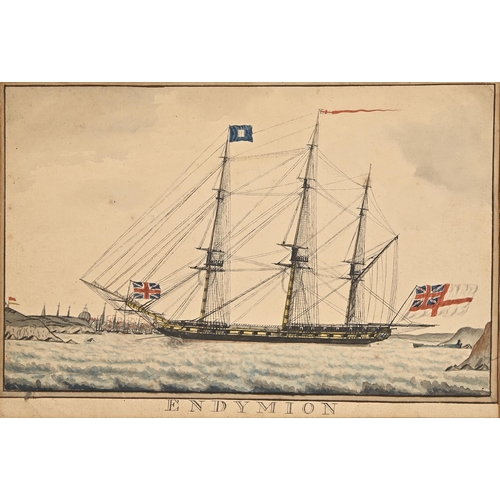 1009 - English School, c1800 – HMS “Endymion” off Portsmouth, inscribed below image, pen,... 