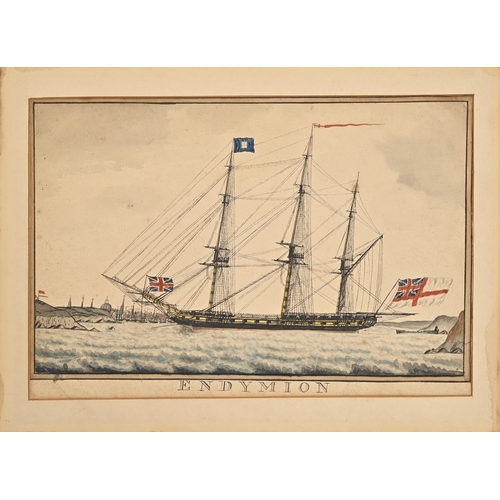 1009 - English School, c1800 – HMS “Endymion” off Portsmouth, inscribed below image, pen,... 