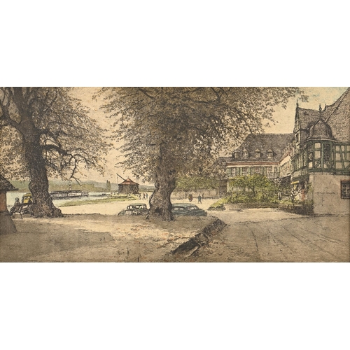 1011 - Austrian School, mid-20th c - Romantik-Hotel Schwan, etching, picked-out in watercolour, 34 x 66cm... 