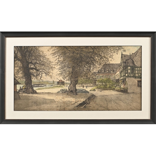 1011 - Austrian School, mid-20th c - Romantik-Hotel Schwan, etching, picked-out in watercolour, 34 x 66cm... 