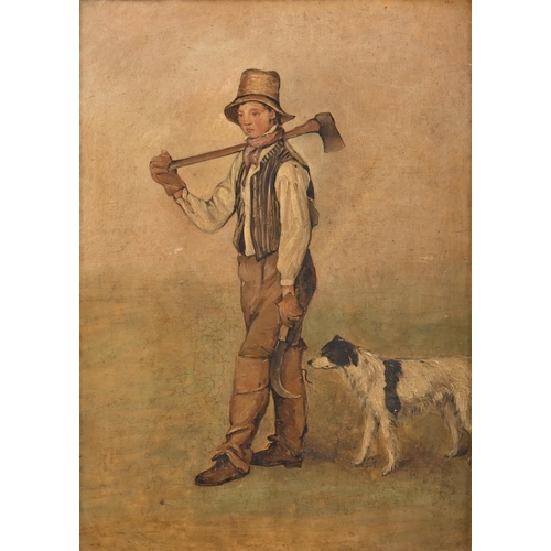 1015 - English School, late 19th century - Study of a Farm Labourer, a dog by his side, oil on board, 51 x ... 