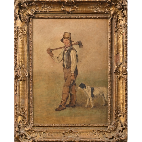 1015 - English School, late 19th century - Study of a Farm Labourer, a dog by his side, oil on board, 51 x ... 