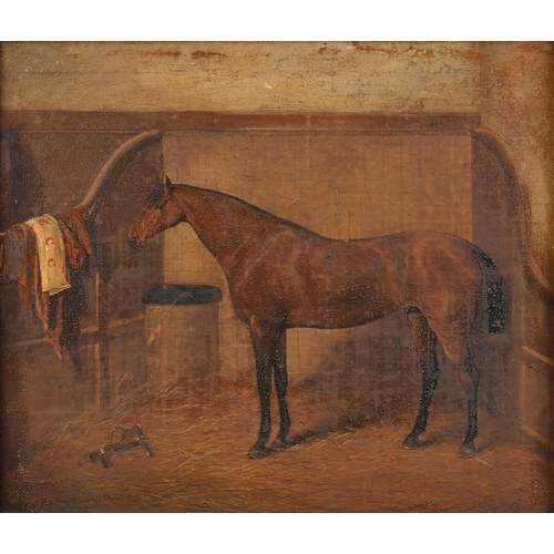 1026 - Edwin Frederick Holt (1830-1912) - Portrait of a Racehorse, in a stable, his racing colours resting ... 