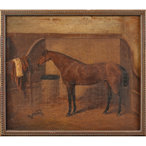 1026 - Edwin Frederick Holt (1830-1912) - Portrait of a Racehorse, in a stable, his racing colours resting ... 