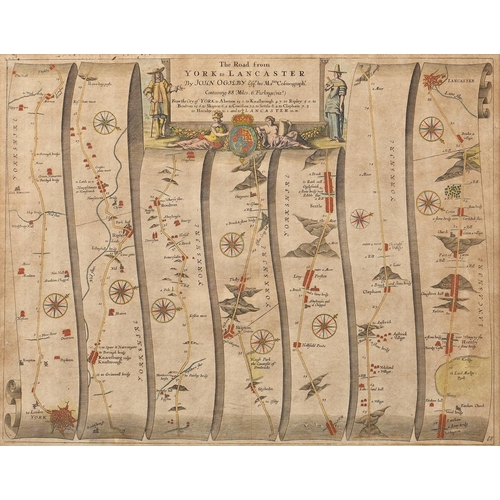 1034 - John Ogilby - The Road from York to Lancaster, double page engraved map, hand coloured, 35 x 44.5cm... 