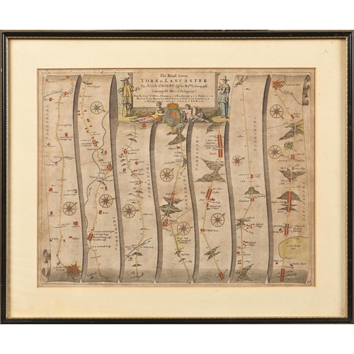 1034 - John Ogilby - The Road from York to Lancaster, double page engraved map, hand coloured, 35 x 44.5cm... 