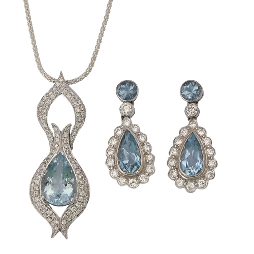 104 - A pair of pear shaped aquamarine and diamond earrings, in 18ct white gold, 26mm h, London 1988, 7.4g... 