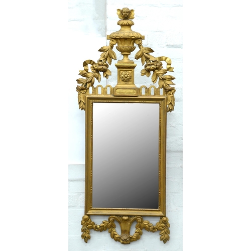 1053 - A Northern European giltwood mirror, 19th c, with urns draped with festoons and ribbons and surmount... 