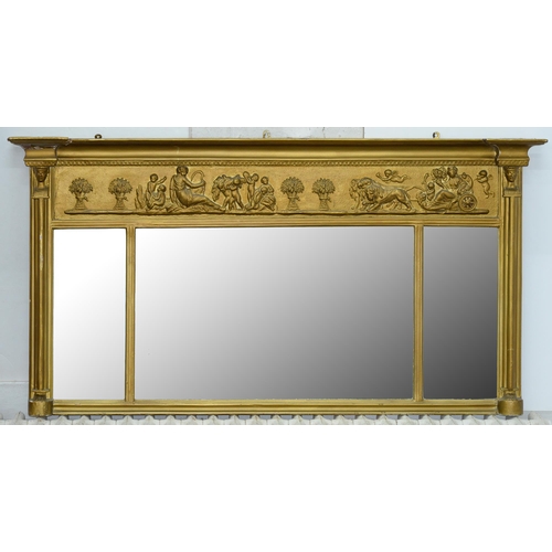 1058 - A giltwood and composition overmantle mirror, early 19th c, with triple plate and decorated with neo... 