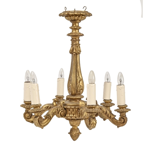 1061 - A giltwood chandelier, early 20th c, of six lights on scrolling acanthus branches, 70cm h... 