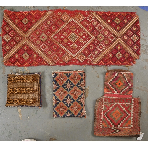 1085 - A Turkish Cicim panel, 103 x 40cm, a Baluch salt bag, 50 x 34cm, a Baluch bag, 34 x 23cm and a Baluc... 