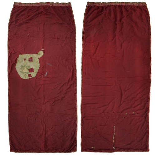 1092 - A pair of arts and crafts crimson ground damask and braided curtains, in the manner of Morton Sundou... 