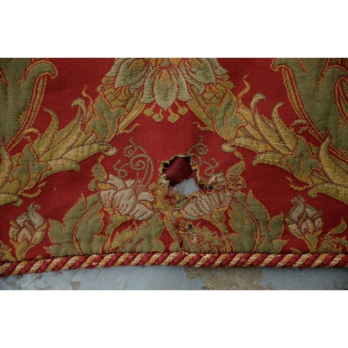 1092 - A pair of arts and crafts crimson ground damask and braided curtains, in the manner of Morton Sundou... 