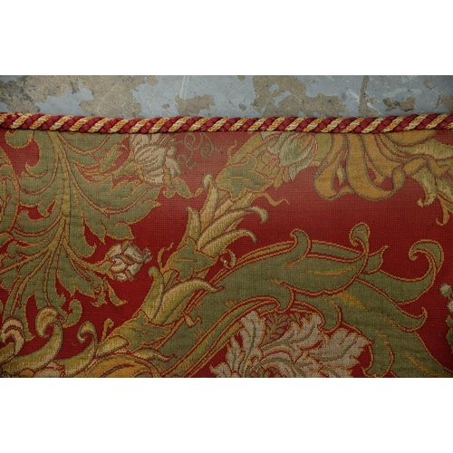 1092 - A pair of arts and crafts crimson ground damask and braided curtains, in the manner of Morton Sundou... 