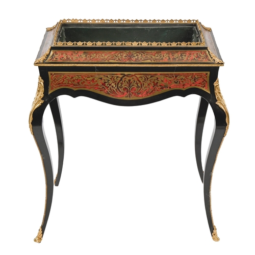 1095 - A French gilt brass mounted, ebonised and Boulle jardiniere, late 19th c, decorated on the red stain... 