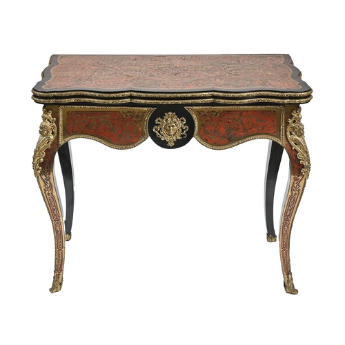 1096 - A French gilt lacquered, brass mounted, ebonised and Boulle card table, c1870, of serpentine form, d... 