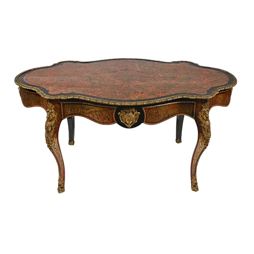 1097 - A French gilt lacquered, brass mounted, ebonised and Boulle centre table, c1870, of serpentine form ... 