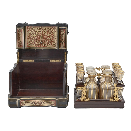 1098 - A French ebonised and Boulle decanter case, late 19th c, inlaid with cut brass scrollwork on a groun... 