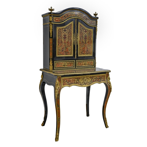 1100 - A French gilt lacquered, brass mounted, ebonised and Boulle bonheur de jour, c1870, with ground of r... 