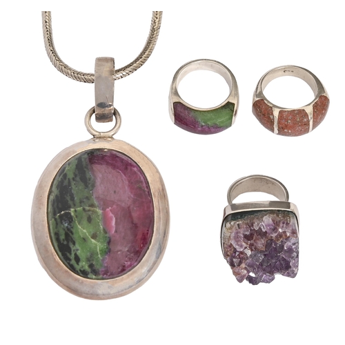 111 - A ruby zoisite pendant and ring, both in silver, pendant 85mm h overall and on silver necklace of Br... 