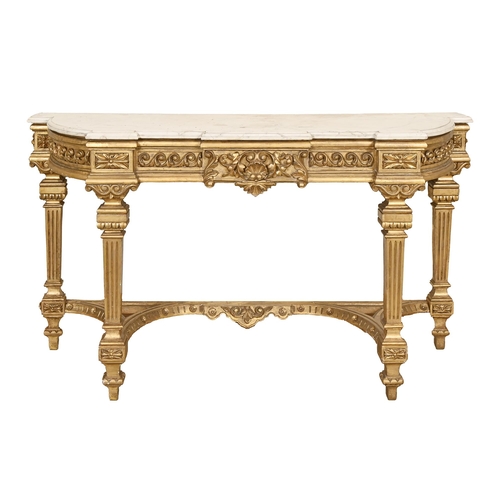 1115 - A Victorian giltwood pier table, the breakfront marble top with quarter rounded ends, the frieze app... 