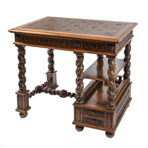 1117 - A French carved walnut writing table, the tooled leather top on spiral turned upright and stretcher ... 