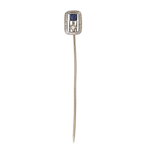 112 - A white gold tie pin, with sapphire and diamond terminal, early 20th c, head 11 x 8mm, indistinct ma... 