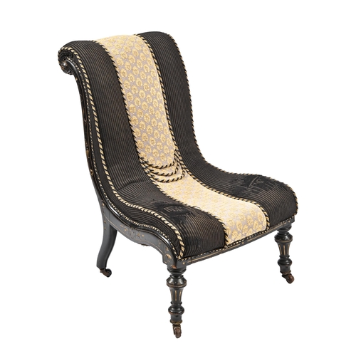 1136 - A Victorian ebonised mahogany upholstered nursing chair, with scrolling back on turned front legs... 