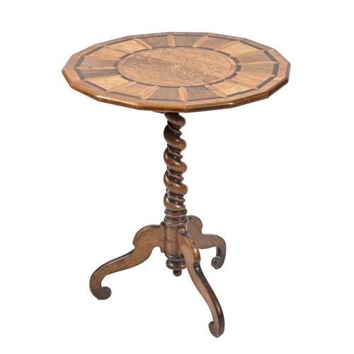 1140 - A Victorian specimen wood and inlaid rosewood tripod table, the sixteen sided geometric patterned to... 